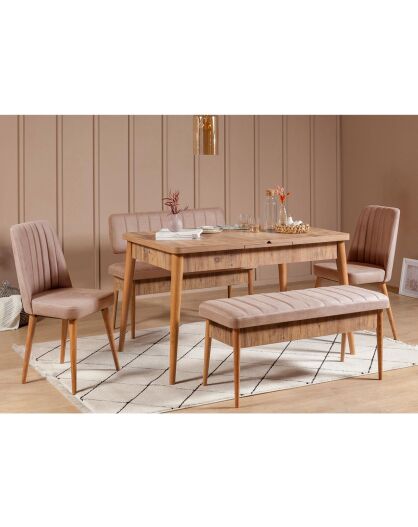 Ensemble Table + 2 Chaises + 2 Bancs Vina beige/gris